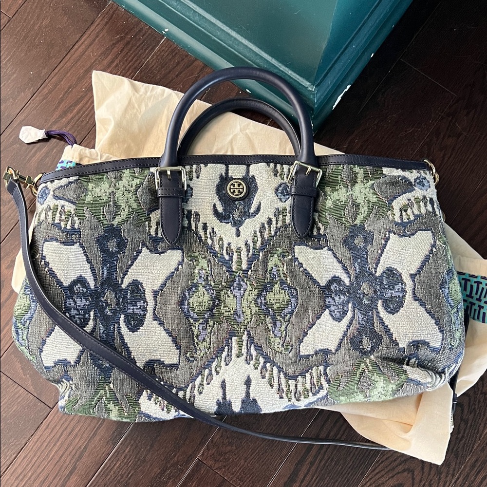 Tory Burch Navy and Green Patterned Fabric Tote with Leather Trim - Picture 6 of 6